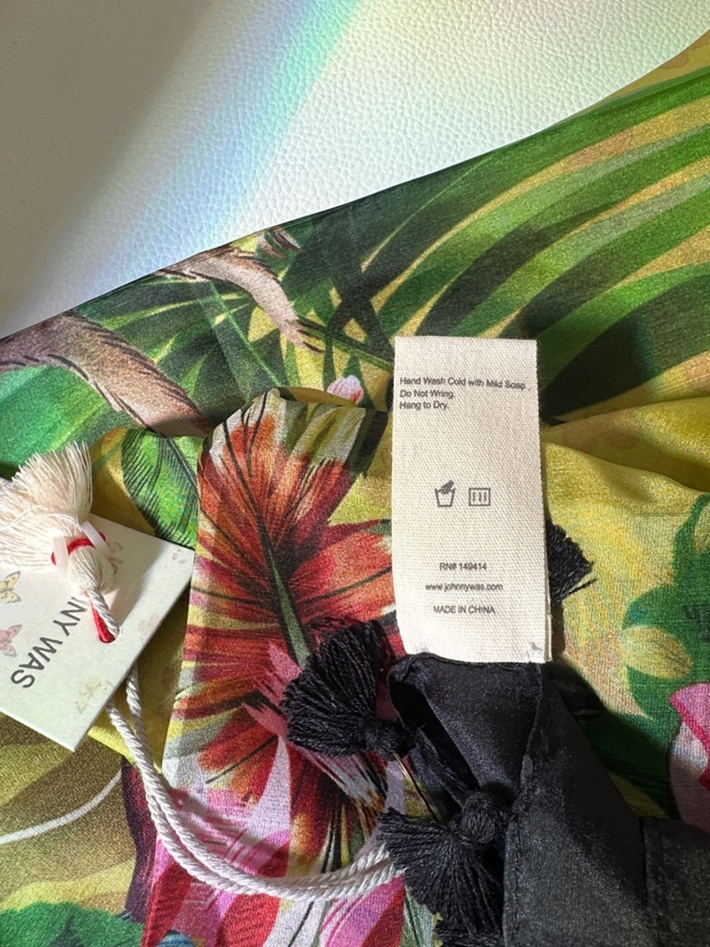 Johnny Was Amorina 100 Silk Scarf Tropical Floral Scarf-Yellow with Pink & Green - Picture 14 of 14
